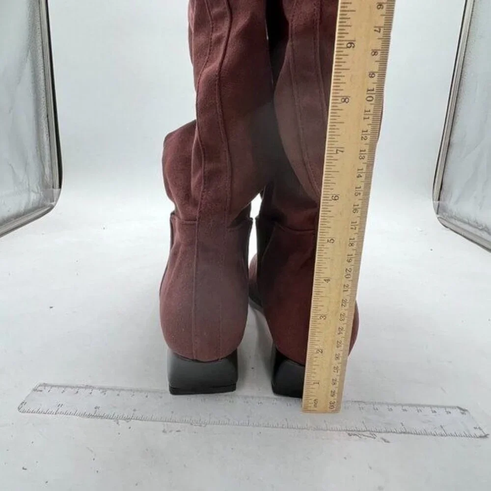 FSJ Brown Knee High Boots Stacked Chunky Heel Closed Toe Suede Wide Calf Shoes